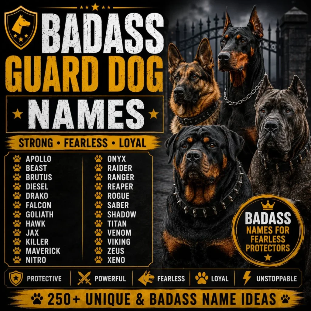 Badass guard dog names featuring German Shepherd, Rottweiler, Doberman, and Cane Corso with bold name ideas.