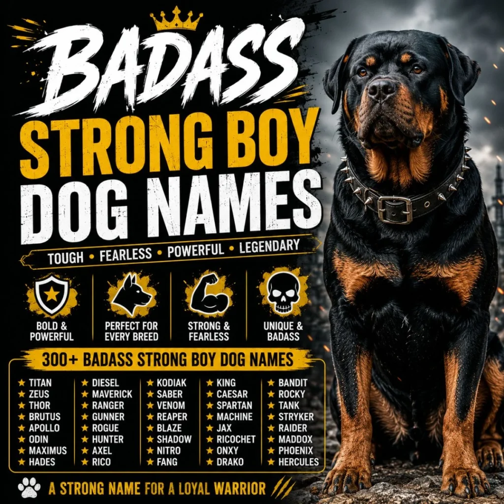 Badass strong boy dog names with a fierce Rottweiler and bold design featuring powerful, fearless, and tough male dog names.