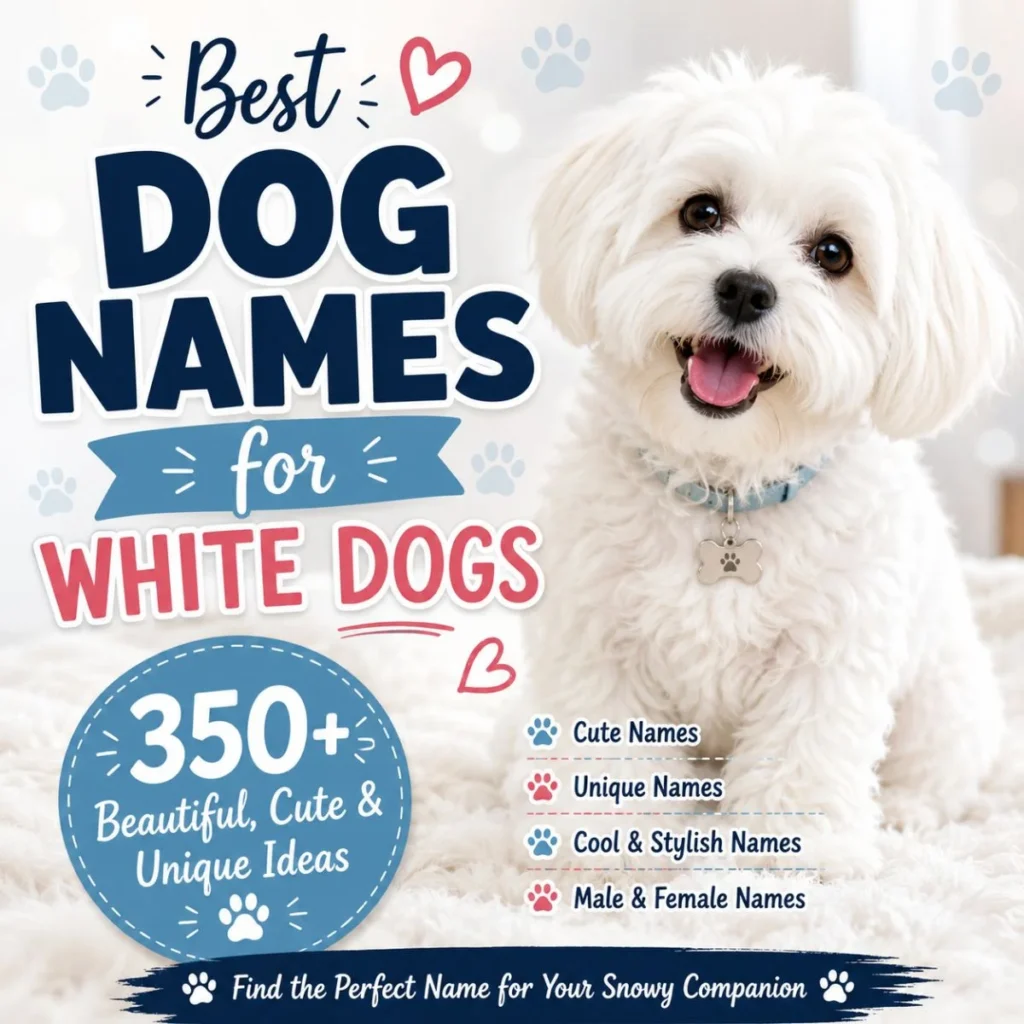 Happy white fluffy dog with best dog names for white dogs, featuring 350+ cute, unique, cool, and stylish name ideas.