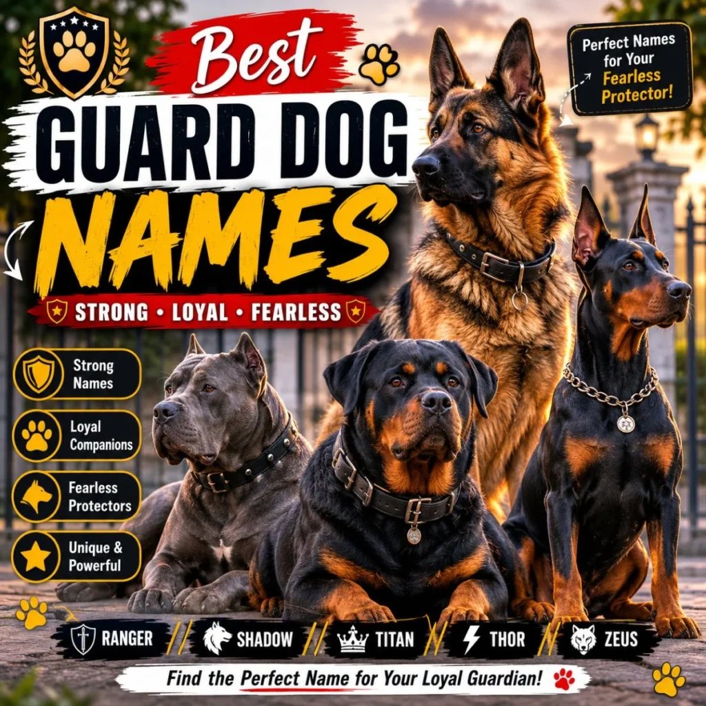 Best guard dog names featuring German Shepherd, Rottweiler, Doberman, and Cane Corso with strong name ideas.