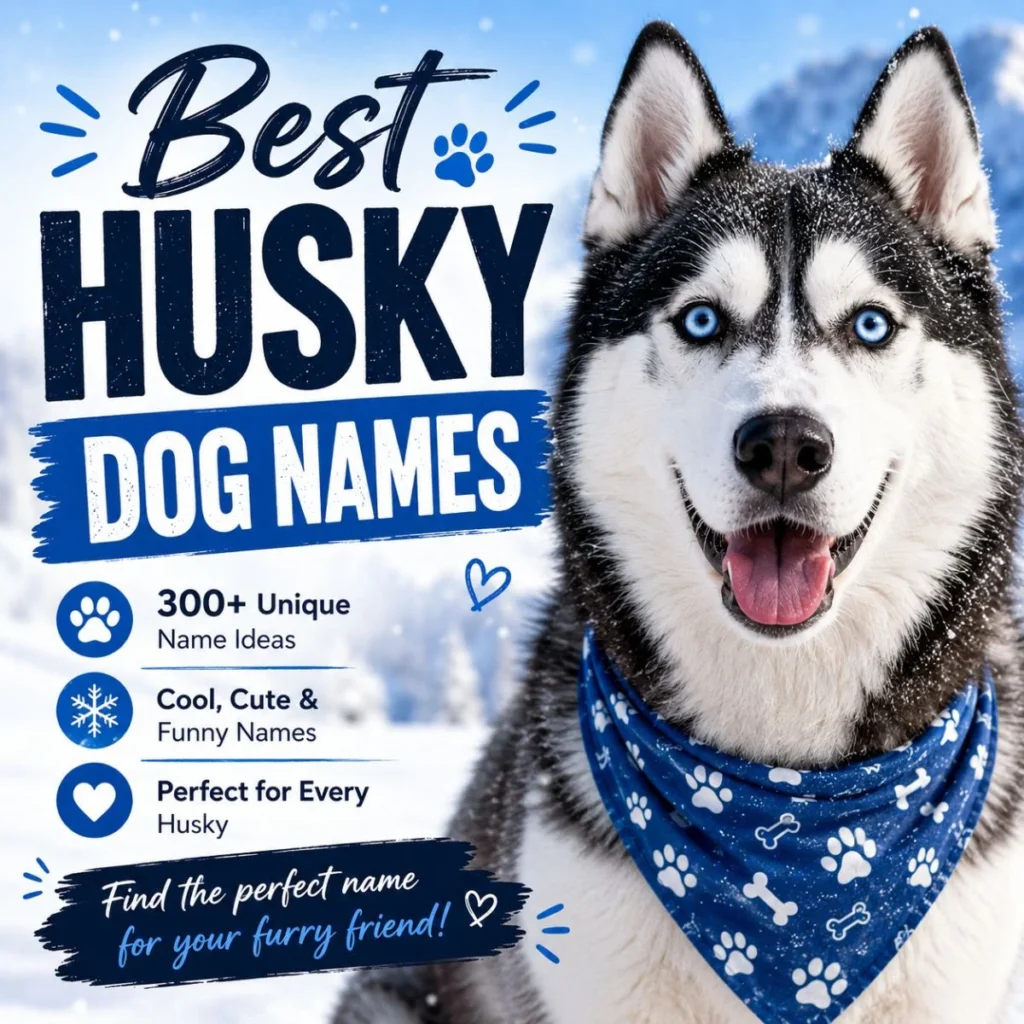 Blue-eyed Siberian Husky with snowy background and best husky dog names text featuring 300+ unique name ideas