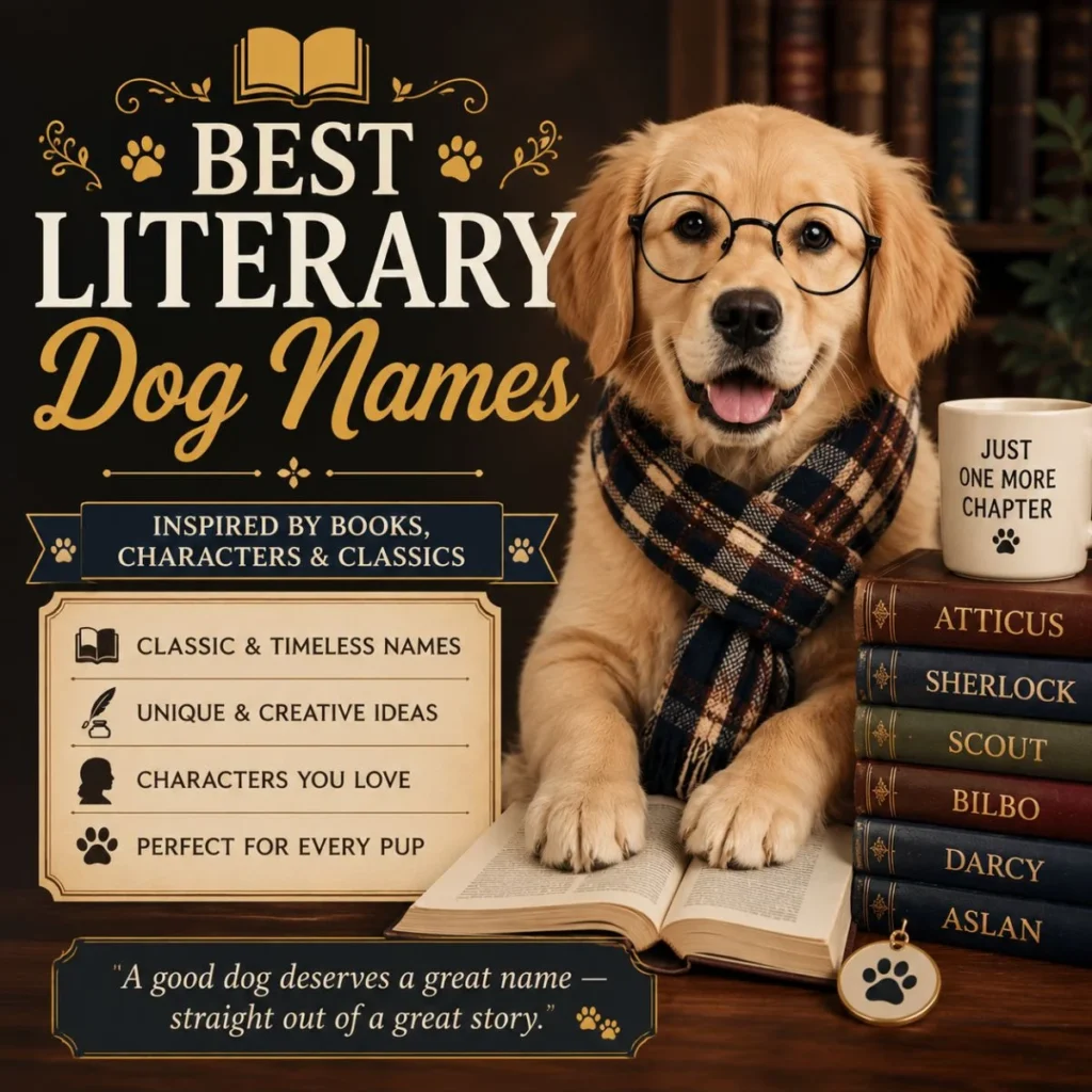 Golden Retriever with books featuring the best literary dog names inspired by classic novels and beloved fictional characters