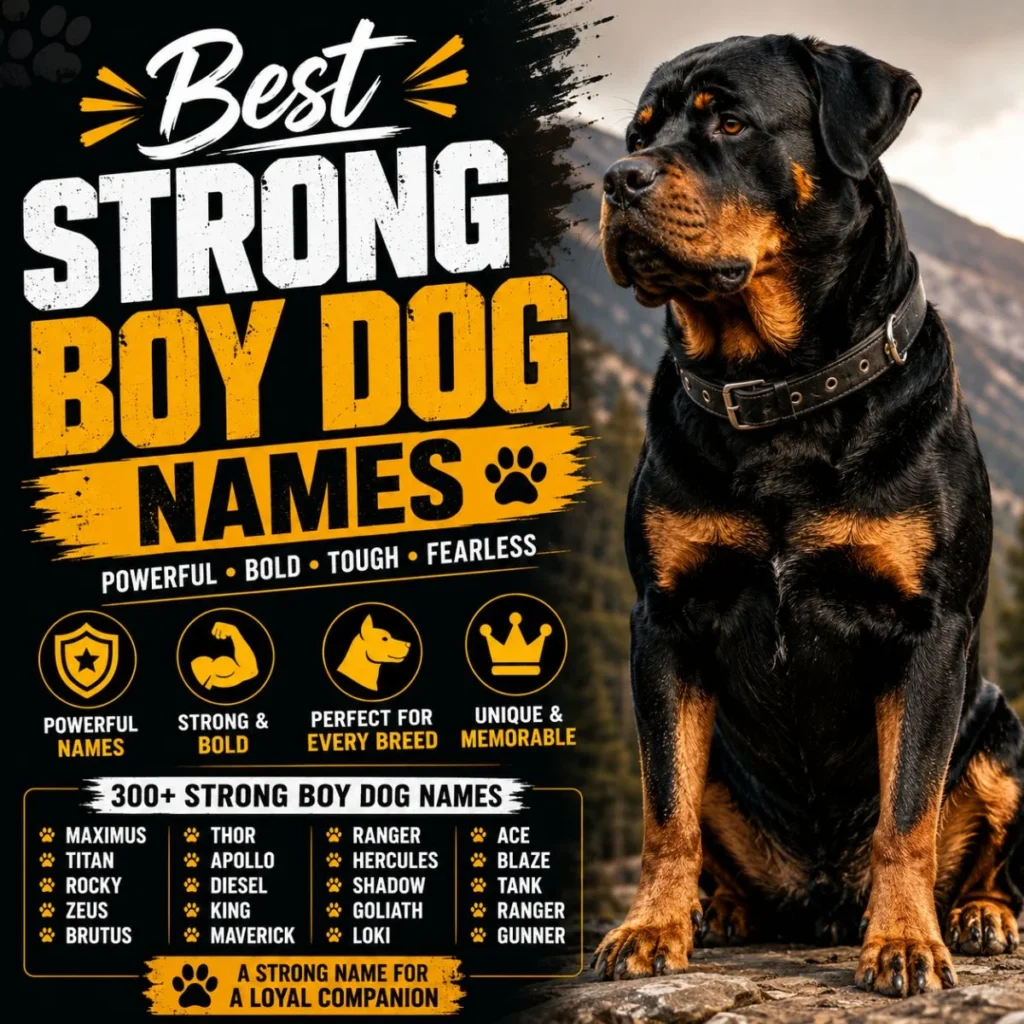 Best strong boy dog names with a powerful Rottweiler and bold design featuring tough, fearless, and unique male dog name ideas.
