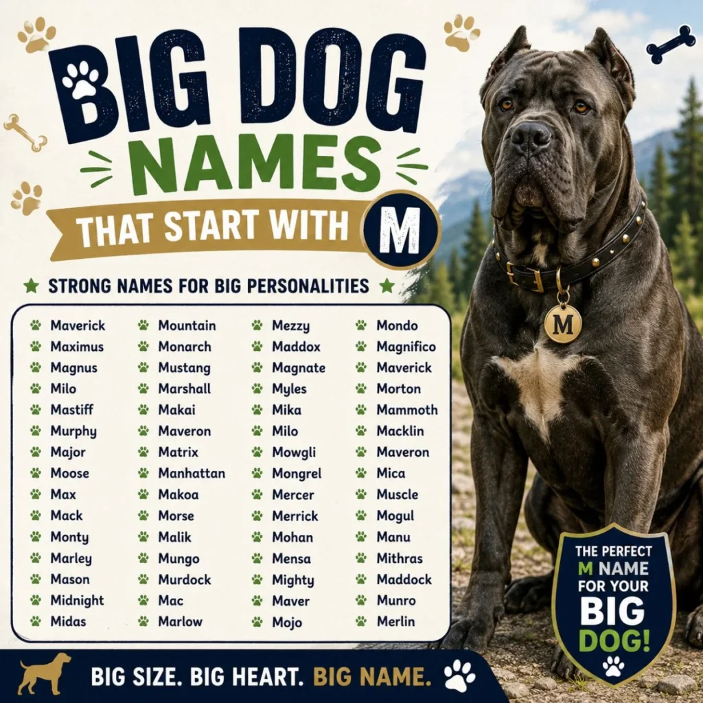 Big dog names that start with M infographic featuring a powerful Cane Corso and bold M name ideas for large breeds.