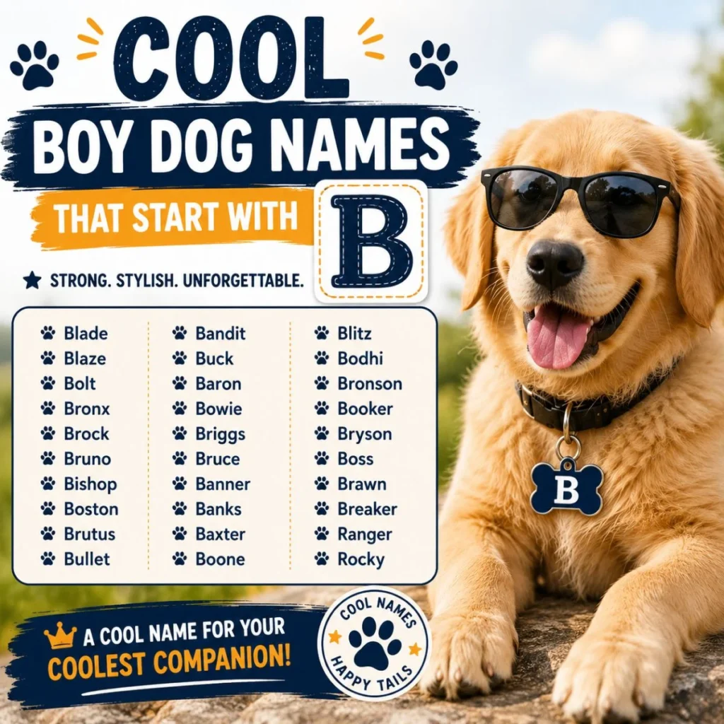 Cool boy dog names that start with B featuring a stylish golden retriever and bold male dog name ideas.