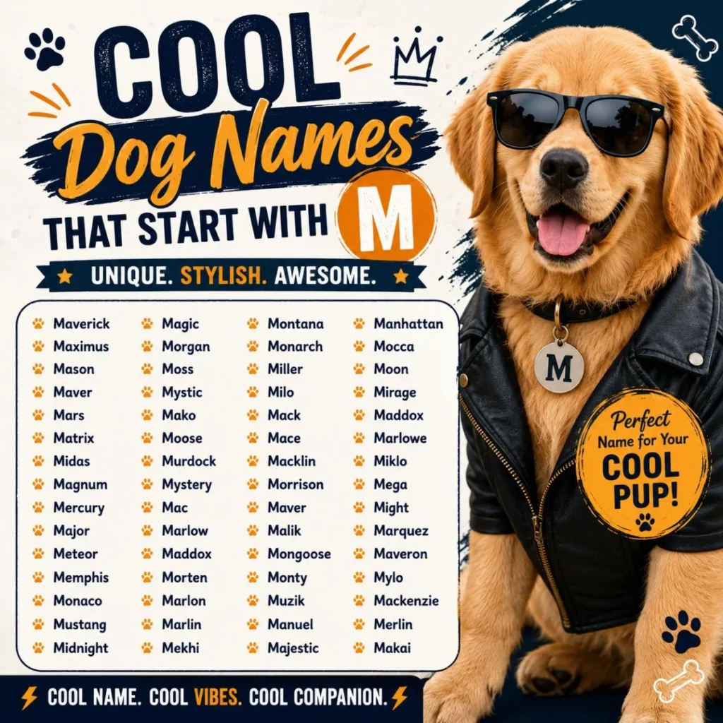 Cool dog names that start with M infographic featuring a stylish Golden Retriever with trendy and unique M name ideas.