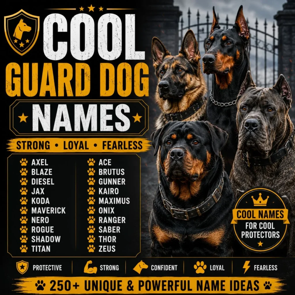 Cool guard dog names featuring German Shepherd, Rottweiler, Doberman, and Cane Corso with bold name ideas.