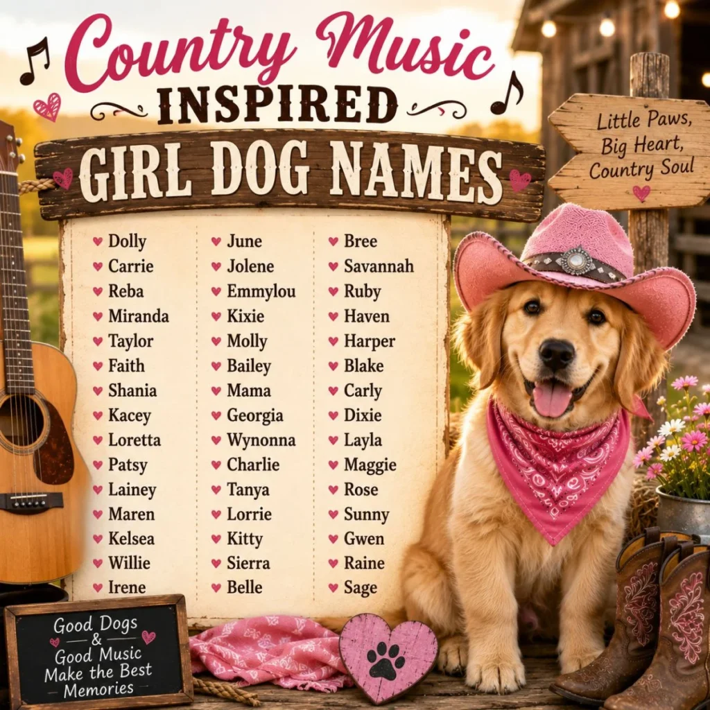 Country music inspired girl dog names list with a Golden Retriever puppy in a pink cowboy hat and rustic farm setting