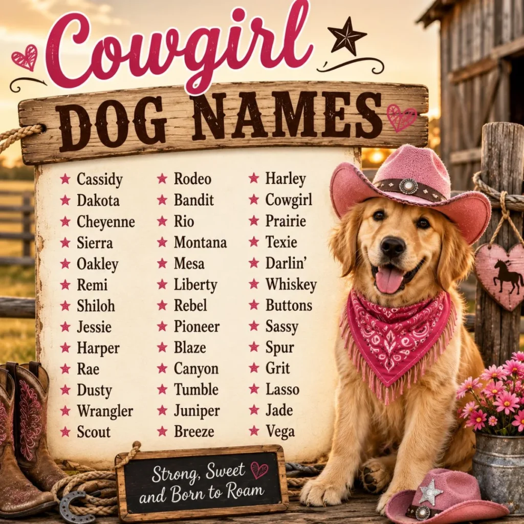 Cowgirl dog names list with a Golden Retriever puppy in a pink cowboy hat at a rustic Western ranch