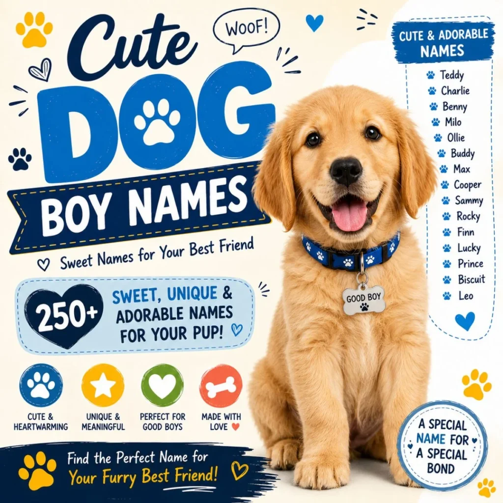 Happy golden retriever with cute dog boy names and adorable puppy naming ideas in a colorful square design