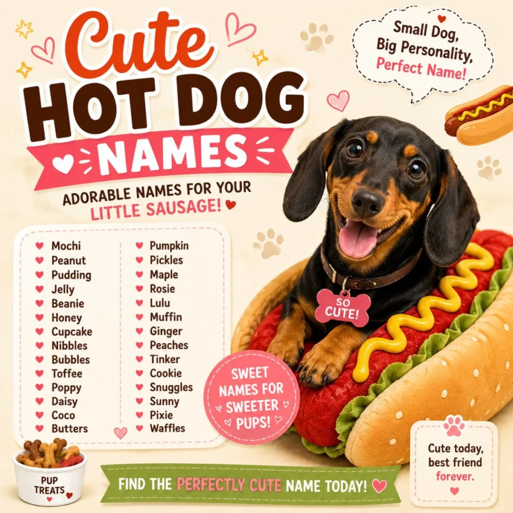 Cute hot dog names with a smiling dachshund and adorable name ideas for small dogs and pet lovers