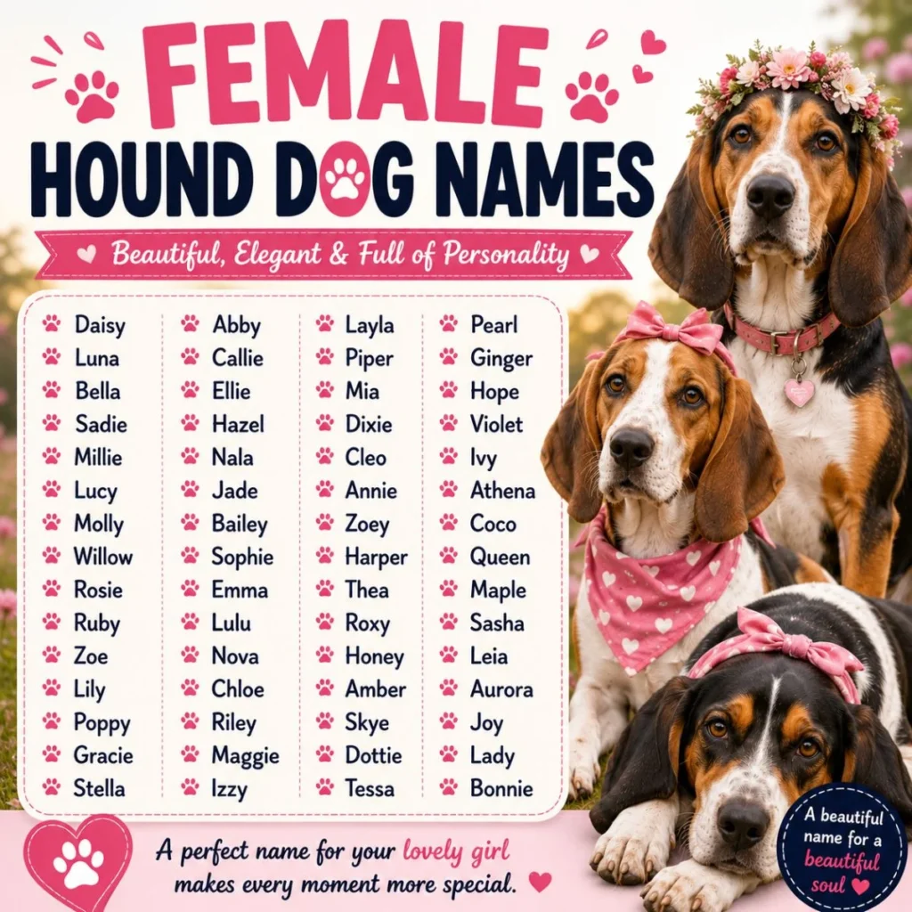 Female hound dog names infographic featuring adorable female hounds and a curated list of elegant, cute, and popular name ideas.