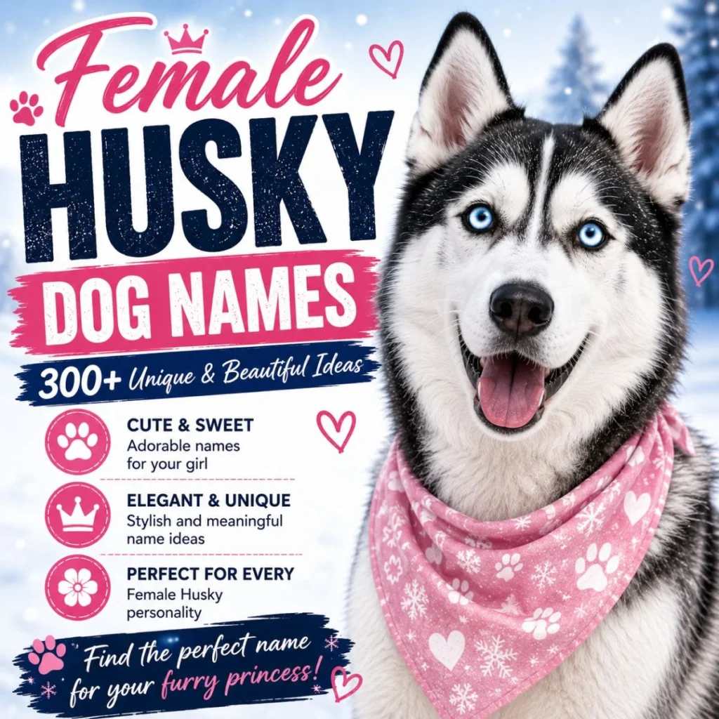 Female Siberian Husky with blue eyes and pink bandana promoting female Husky dog names and unique name ideas