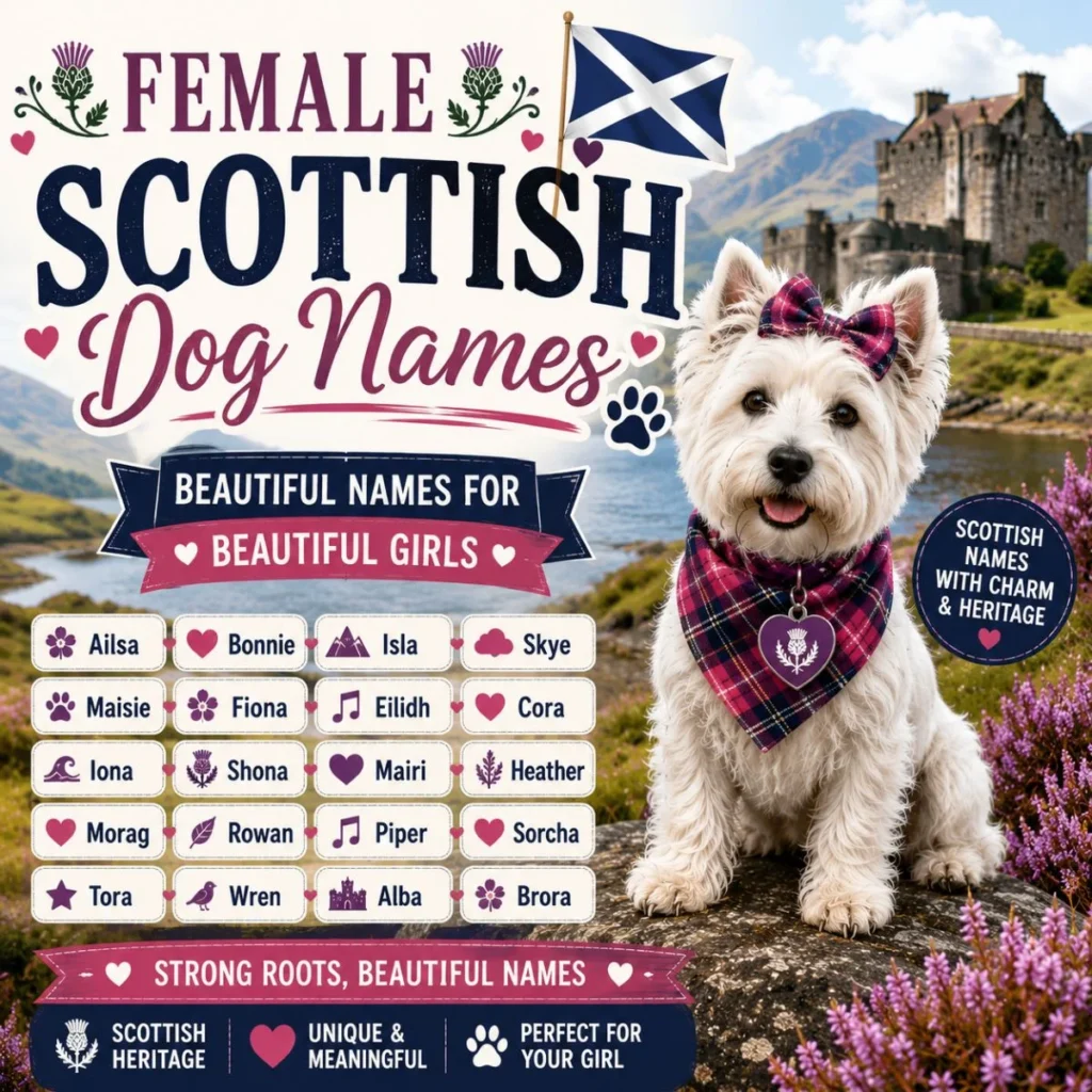 Female Scottish dog in pink tartan beside a Scottish castle with beautiful female Scottish dog name ideas.