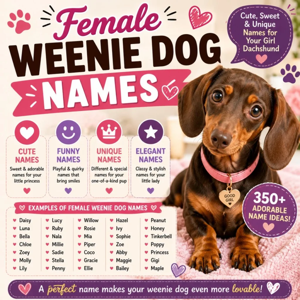 Female dachshund with cute, elegant, and unique weenie dog names for girl puppies in a colorful name ideas poster.