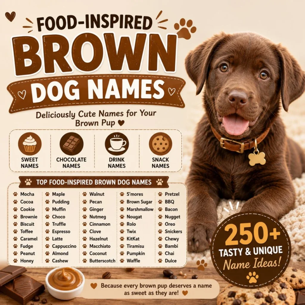 Food-inspired brown dog names with a chocolate puppy and sweet, creative naming ideas for brown dogs