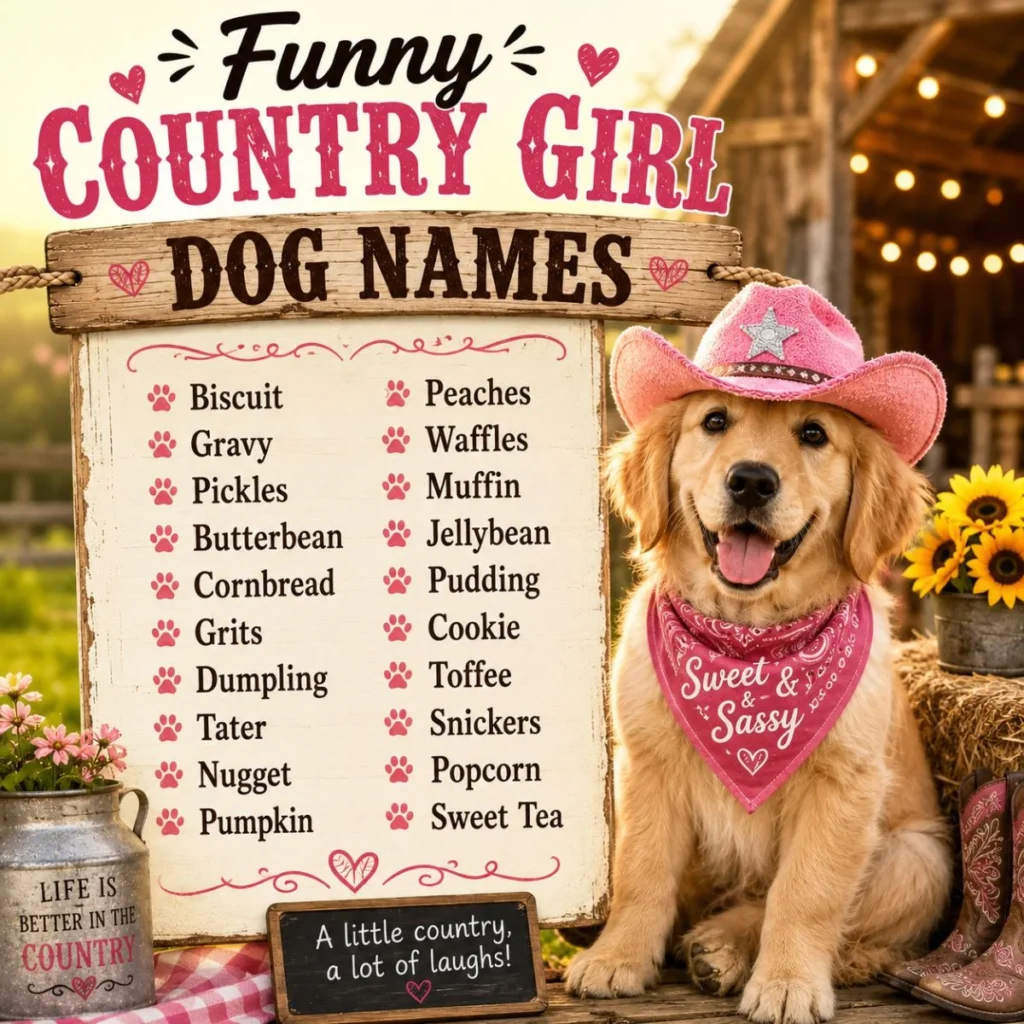 Funny country girl dog names list with a Golden Retriever puppy in a pink cowboy hat on a rustic farm background