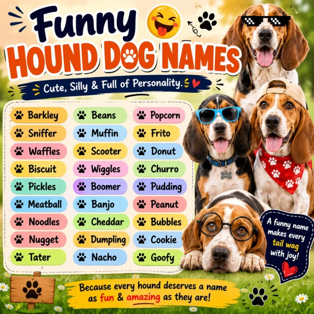 Funny hound dog names infographic with playful hounds wearing fun accessories and a colorful list of humorous name ideas.