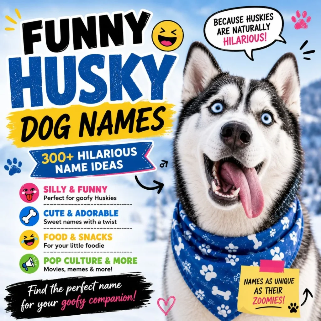 Funny Siberian Husky with tongue out promoting funny Husky dog names and hilarious name ideas for playful dogs