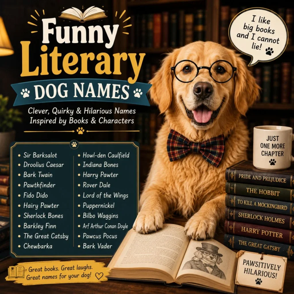 Golden Retriever with books showcasing funny literary dog names inspired by classic novels and famous fictional characters