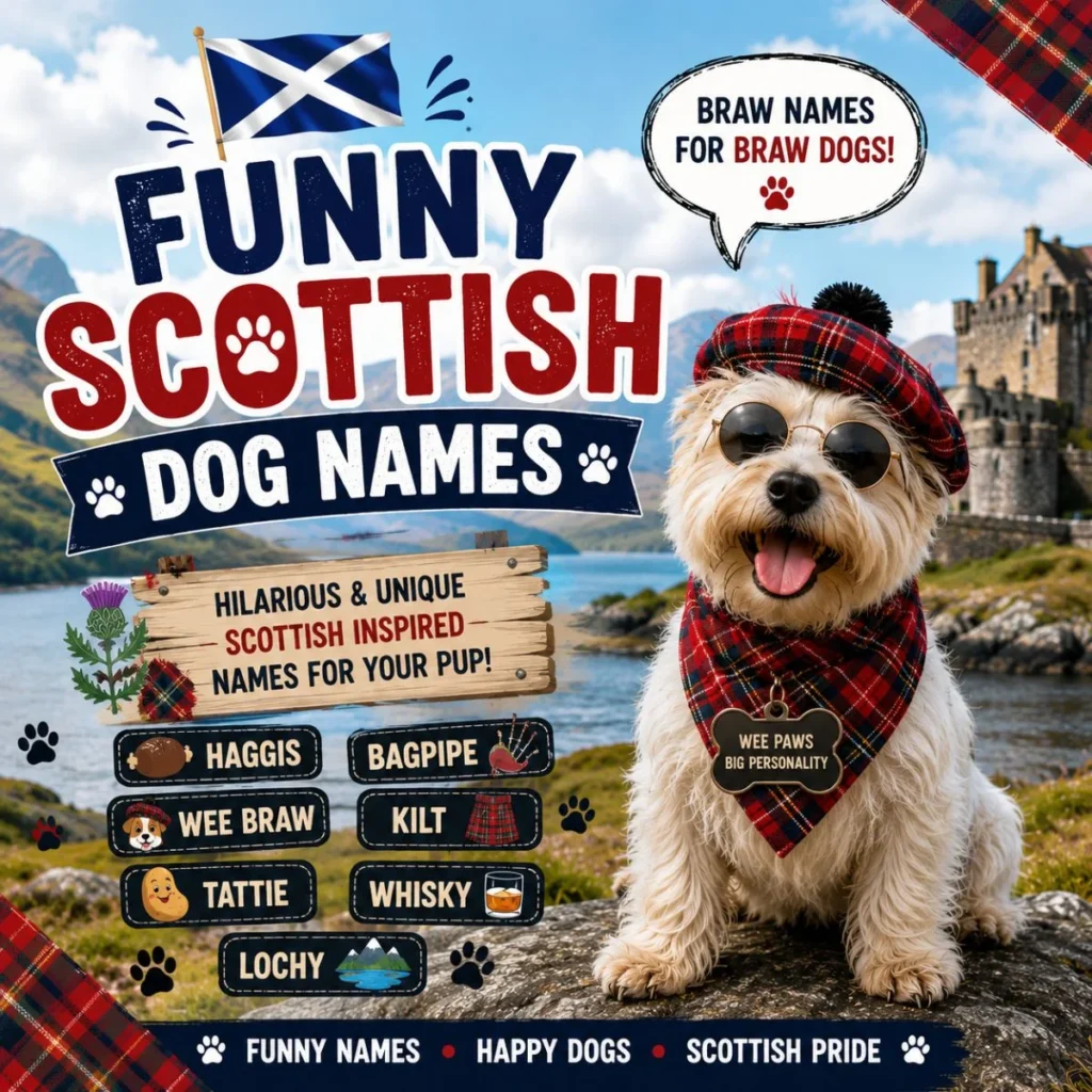 Funny Scottish dog wearing tartan and sunglasses with humorous Scottish dog names in a Highland landscape.