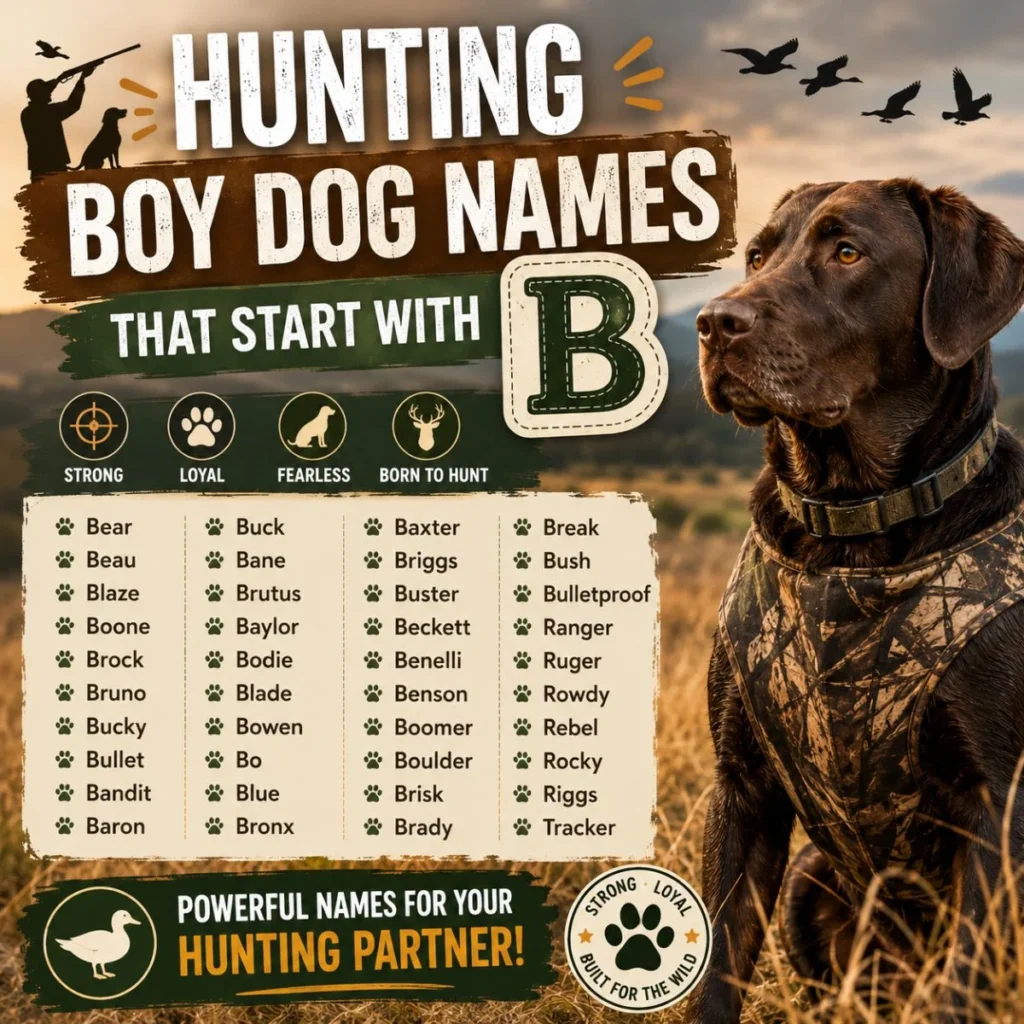 Hunting boy dog names that start with B featuring a hunting dog and rugged male dog name ideas.