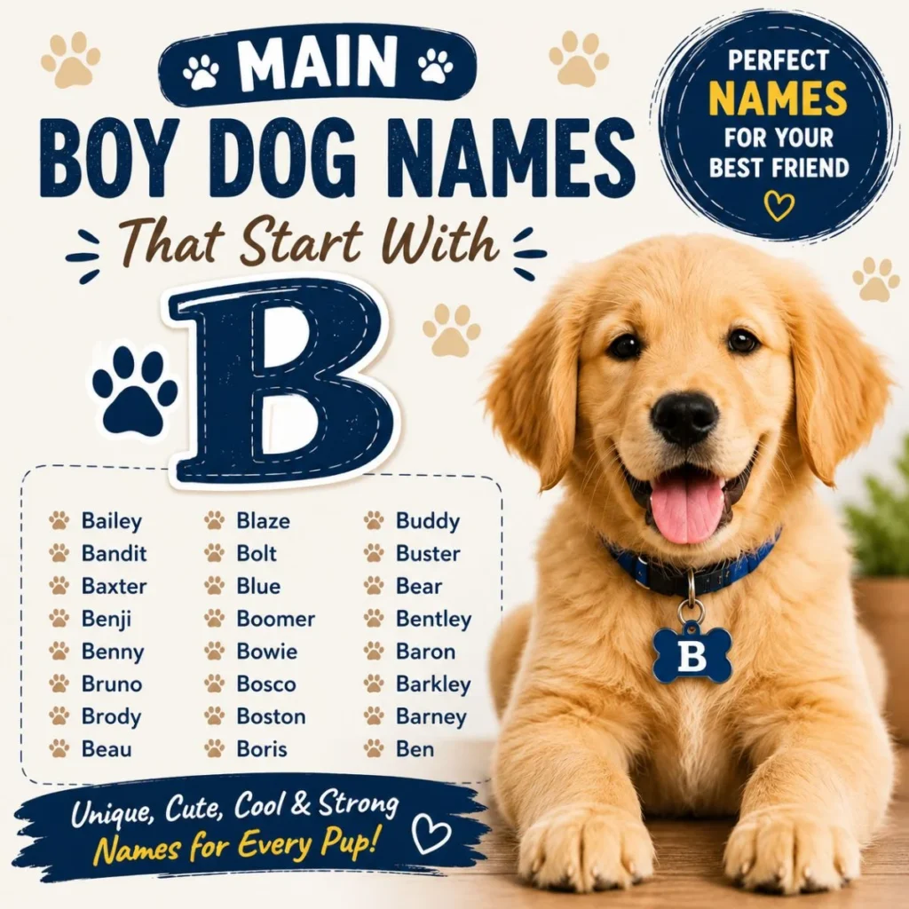 Main boy dog names that start with B featuring a golden retriever puppy and popular male dog name ideas.