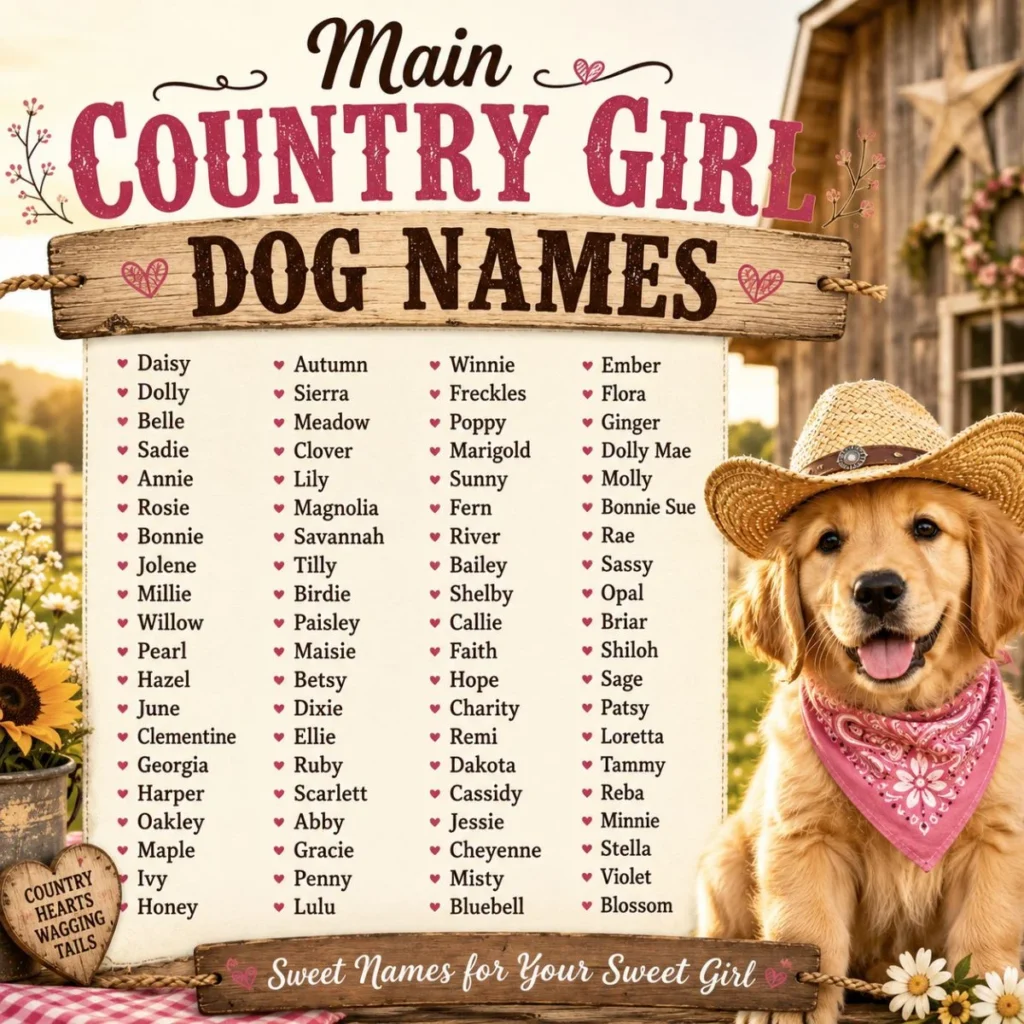 Main country girl dog names list with a Golden Retriever puppy in a cowboy hat on a rustic farm background