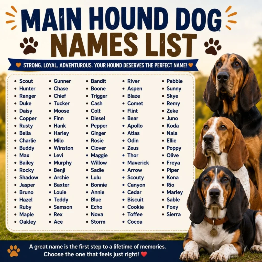 Main hound dog names list featuring 100+ popular name ideas with hound dogs in a colorful, easy-to-read infographic.