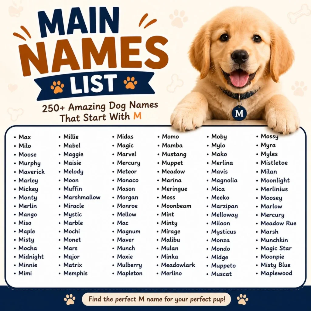 Main list of dog names that start with M featuring a Golden Retriever puppy and 250+ cute, unique, and meaningful name ideas.