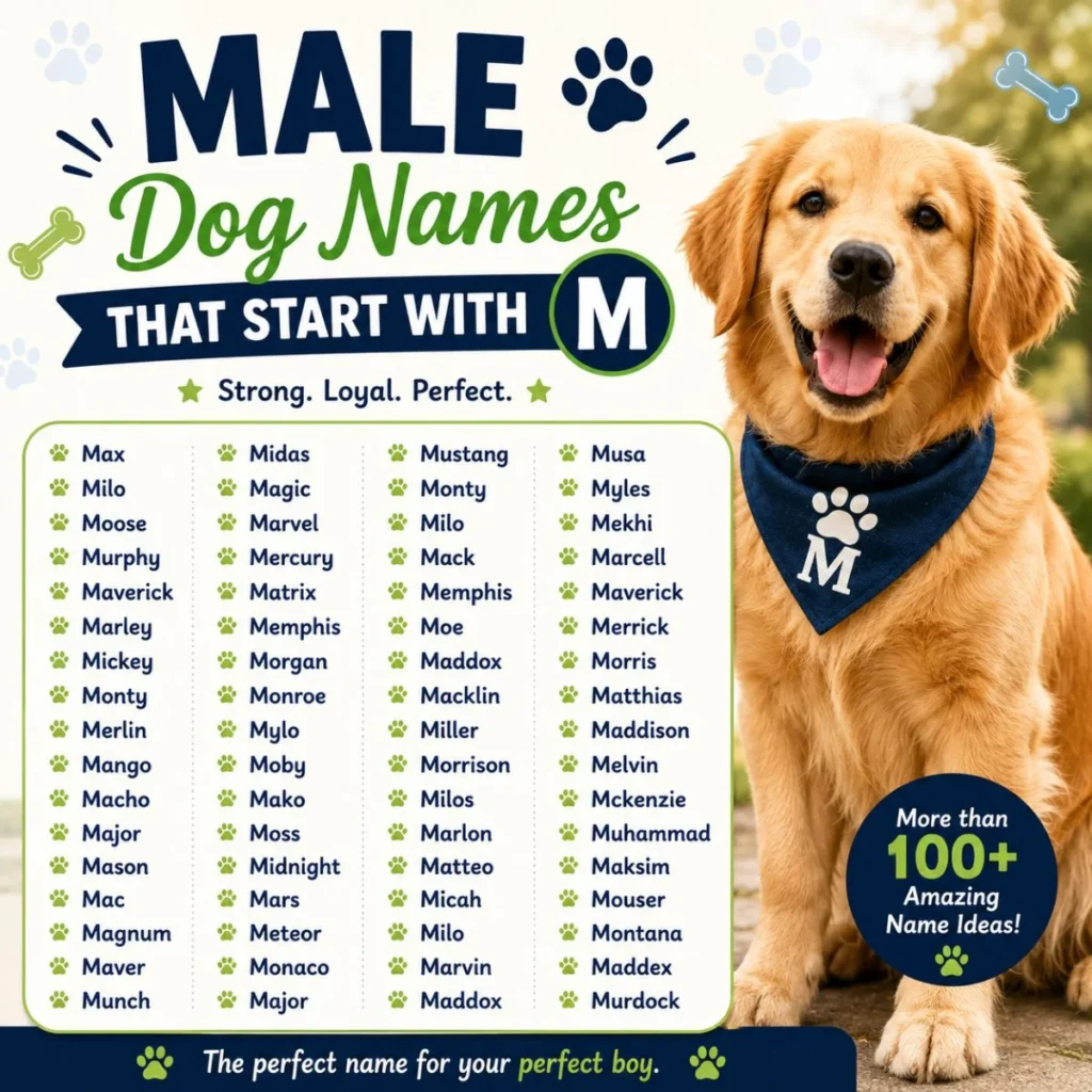 Male dog names that start with M infographic featuring a Golden Retriever and a list of strong, unique, and popular M names.