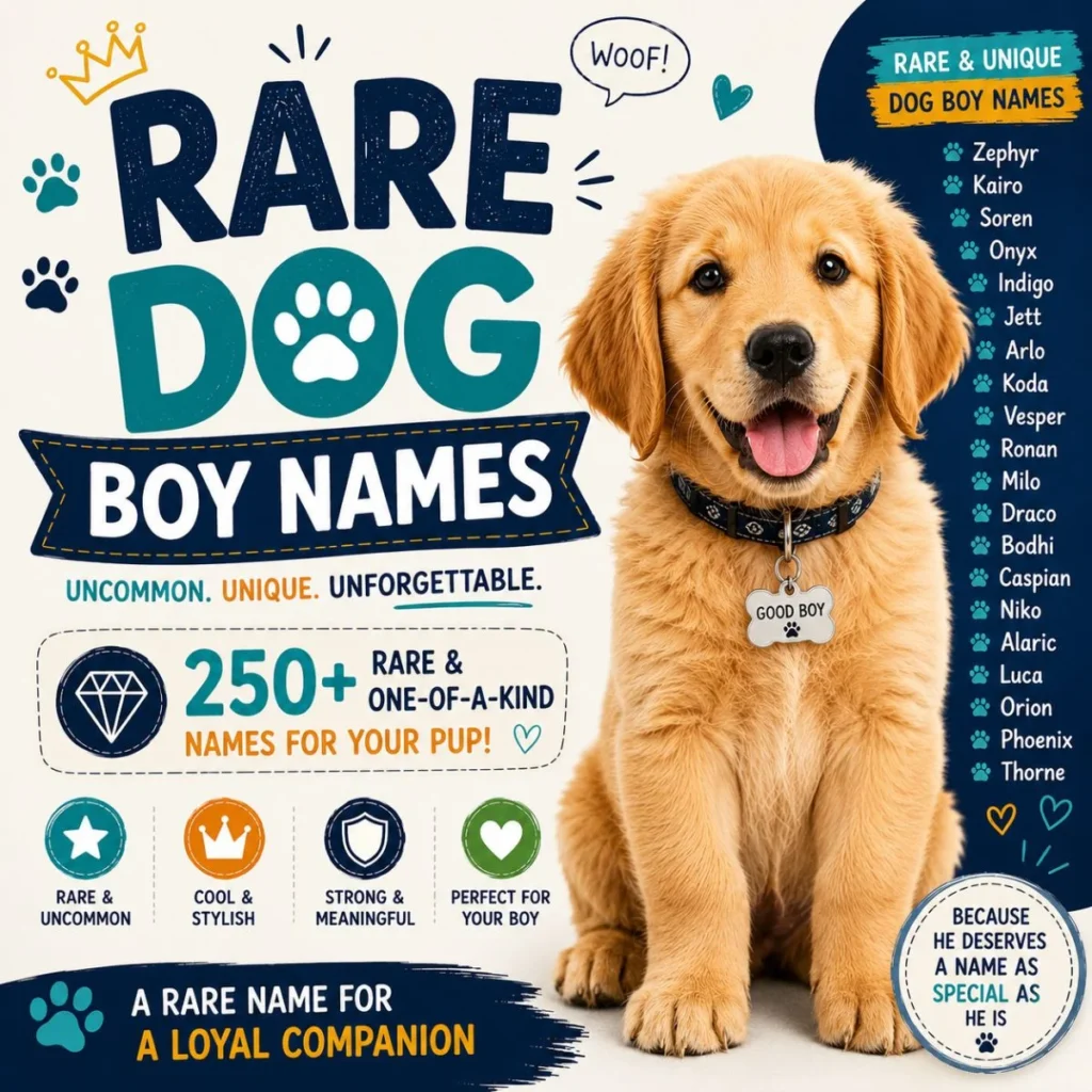 Golden retriever puppy with rare dog boy names and unique naming ideas in a colorful square pet-themed graphic