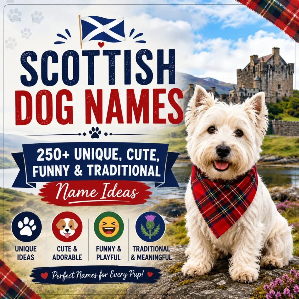 West Highland White Terrier in tartan scarf with Scottish castle promoting Scottish dog names and Highland-inspired name ideas.