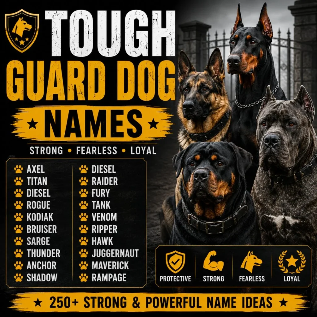 Tough guard dog names with German Shepherd, Rottweiler, Doberman, and Cane Corso in a bold protective design.
