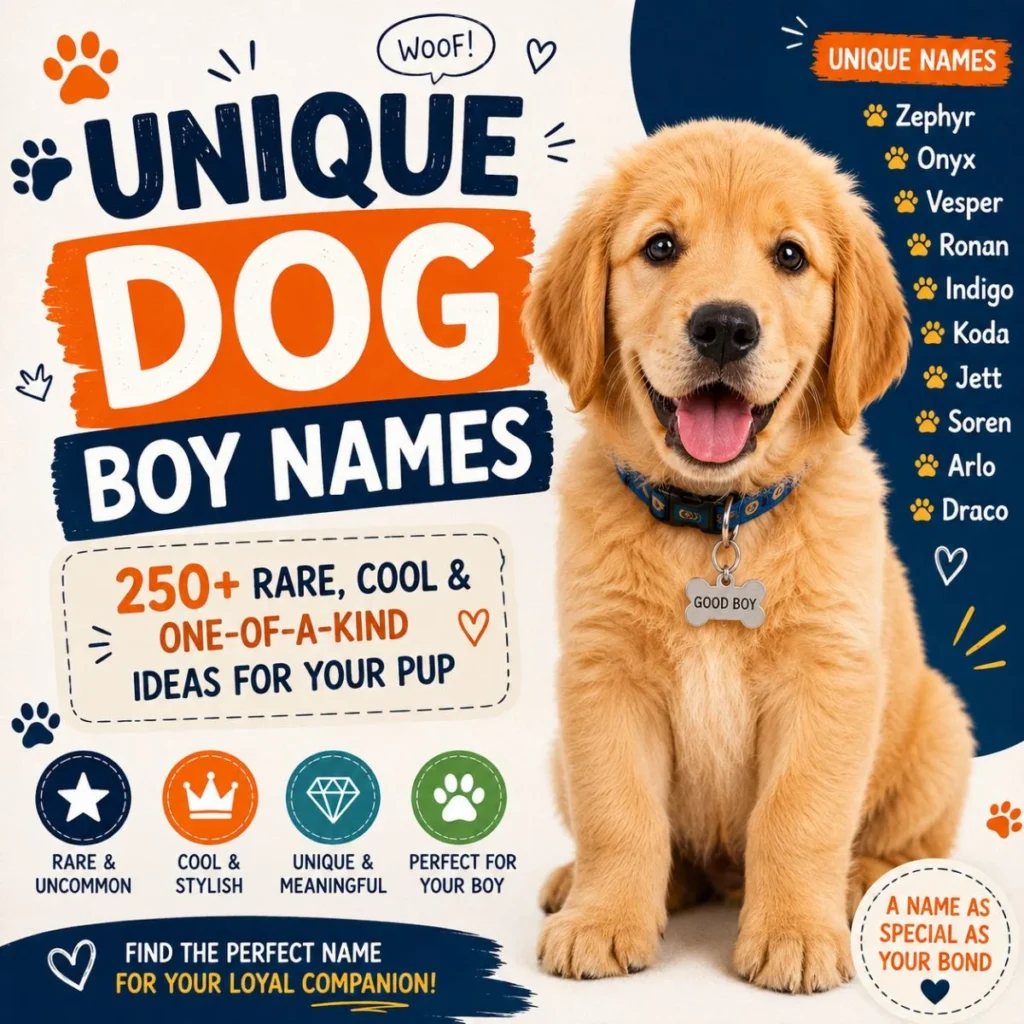 Golden retriever puppy with unique dog boy names and rare, cool naming ideas in a colorful square graphic