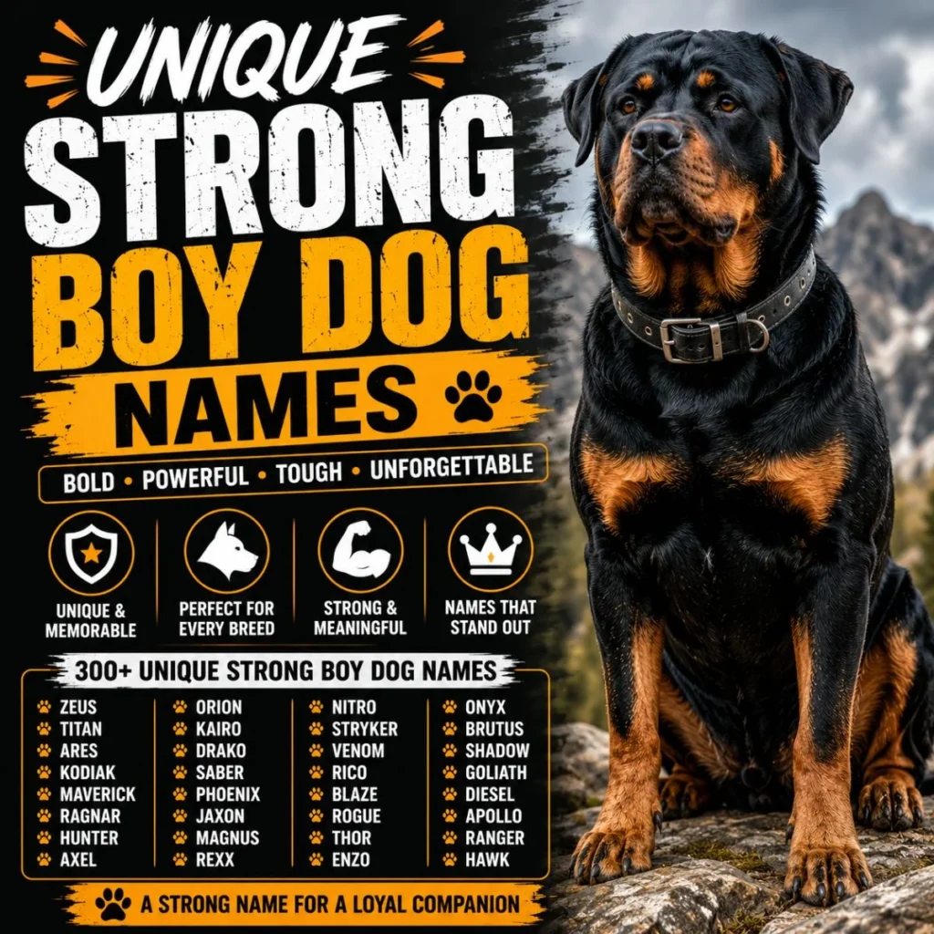 Unique strong boy dog names with a powerful Rottweiler and bold design featuring memorable, tough, and fearless male dog names.