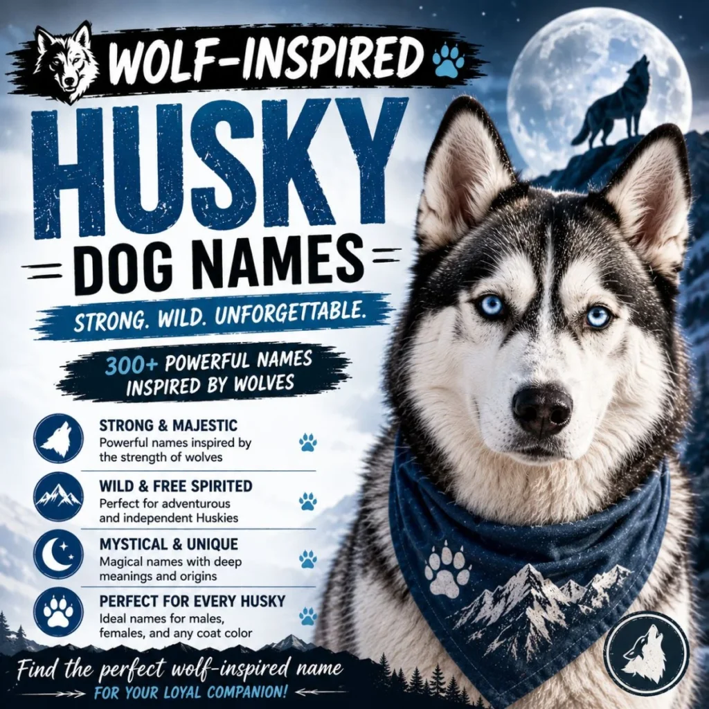 Blue-eyed Siberian Husky with moonlit wolf theme promoting wolf-inspired Husky dog names and powerful name ideas