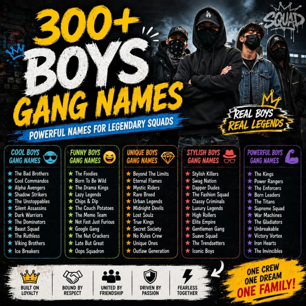 300+ boys gang names featuring cool, funny, unique, stylish, and powerful crew name ideas