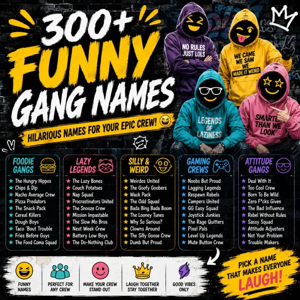 300+ funny gang names featuring hilarious, silly, unique, cool, and creative crew name ideas