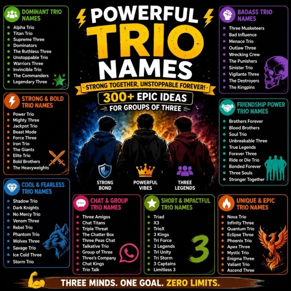 300+ powerful trio names with bold, cool, unique, and strong ideas for groups of three