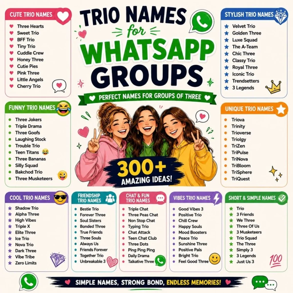 300+ trio names for WhatsApp groups with cute, funny, cool, stylish, and unique name ideas