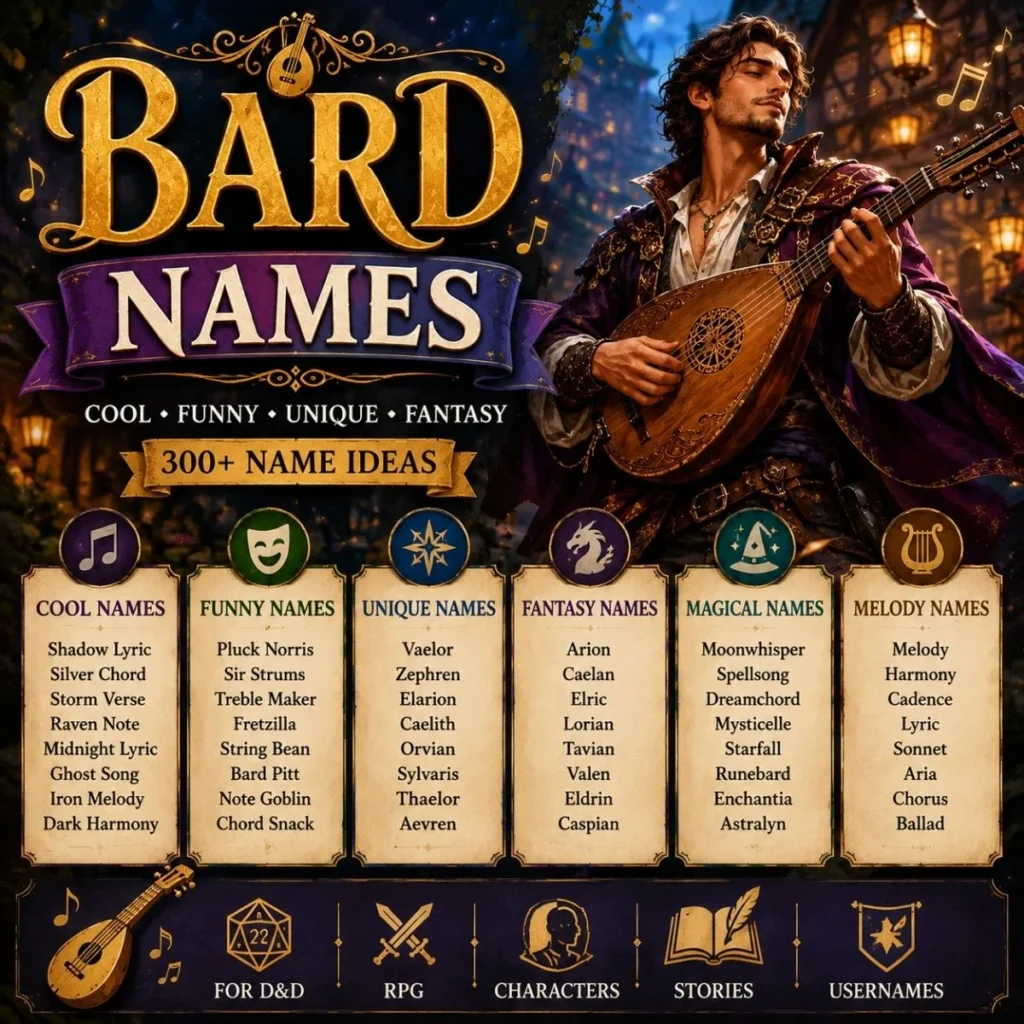 Bard names infographic with cool, funny, unique, fantasy, magical, and melody name ideas