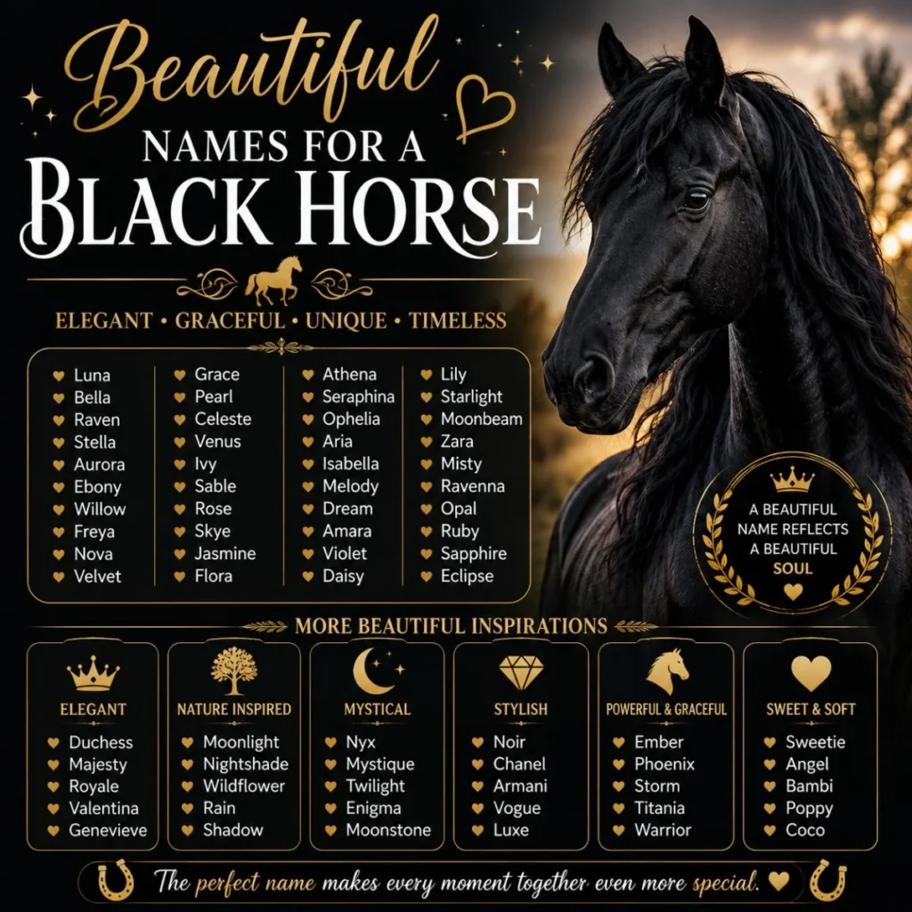 Beautiful names for a black horse featuring elegant, graceful, unique, mystical, and timeless ideas