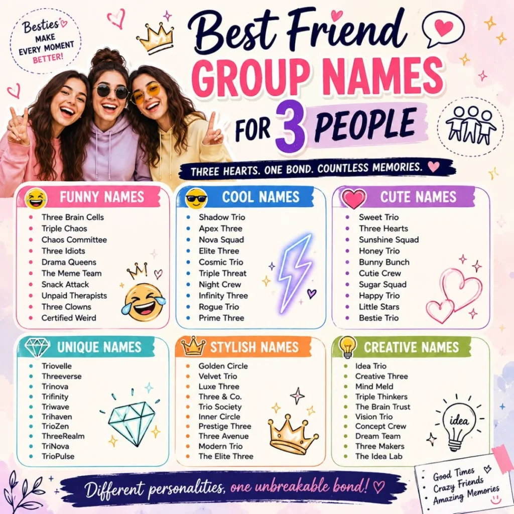 Best friend group names for 3 people featuring funny, cool, cute, unique, stylish, and creative trio name ideas