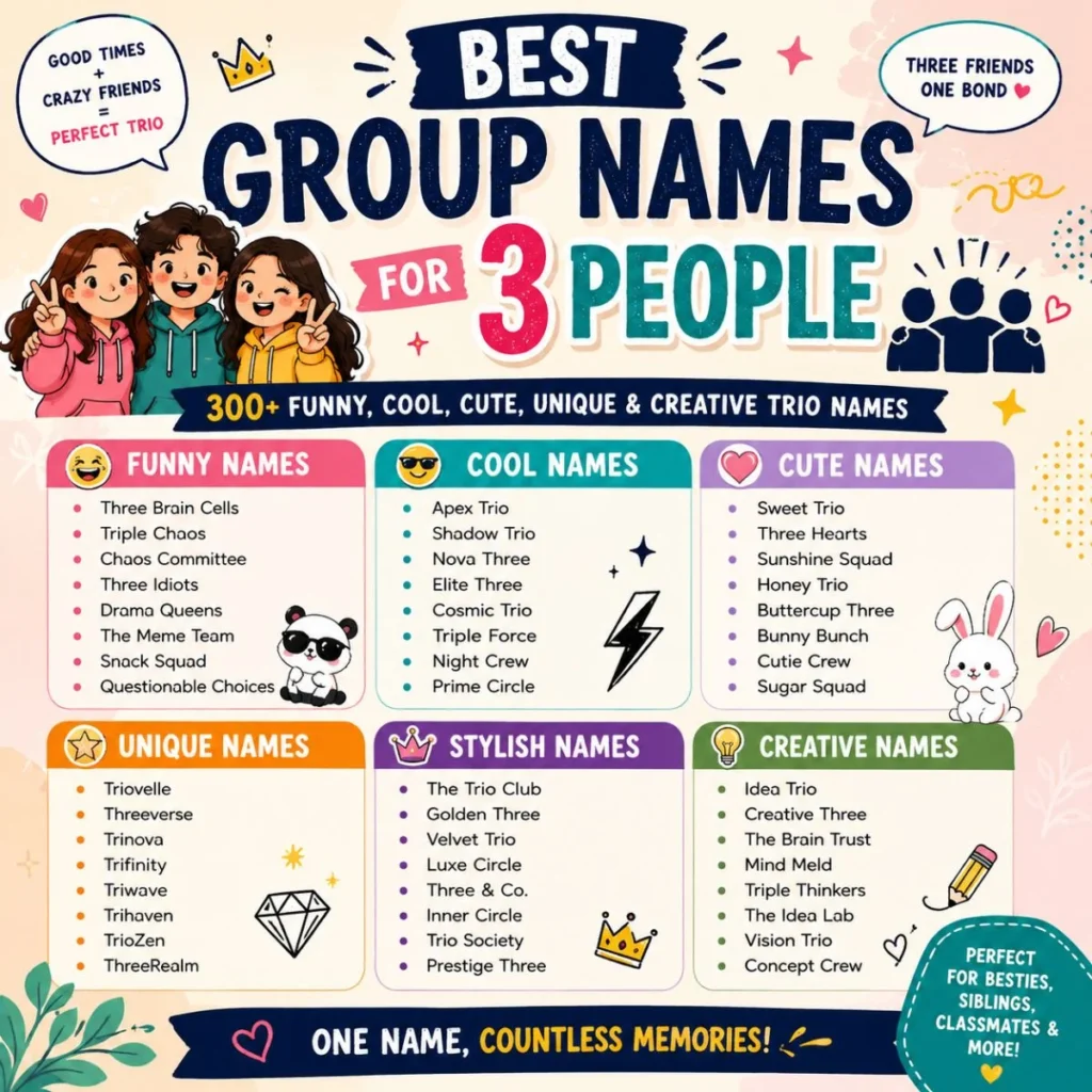 Best group names for 3 people featuring funny, cool, cute, unique, stylish, and creative trio name ideas