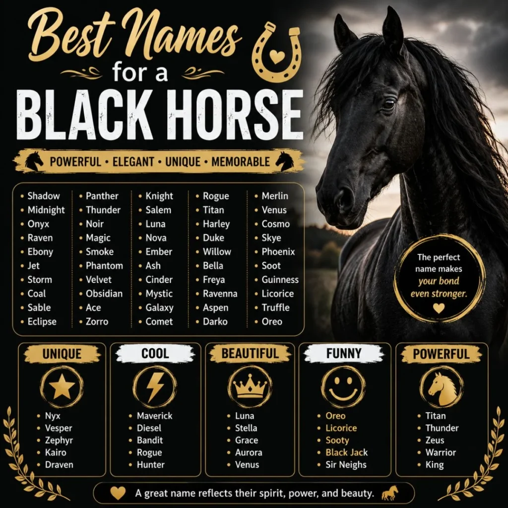 Best names for a black horse featuring powerful, elegant, unique, funny, and memorable ideas