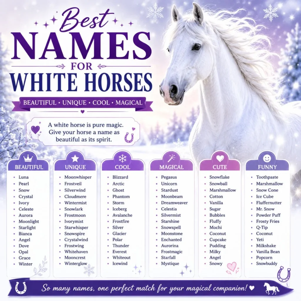 Best names for white horses with beautiful, unique, cool, magical, cute, and funny name ideas