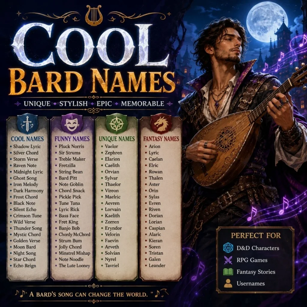 Cool bard names infographic with unique, stylish, epic, and memorable fantasy name ideas