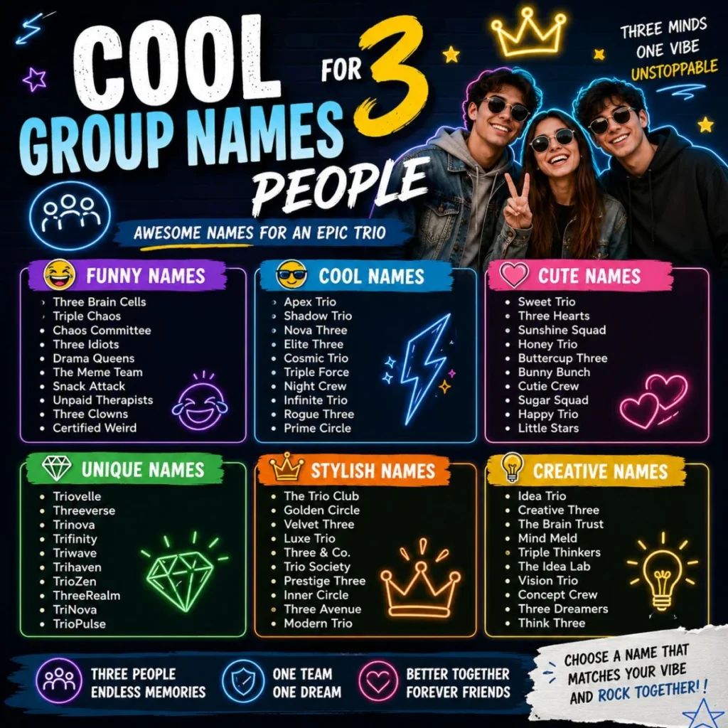 Cool group names for 3 people featuring funny, stylish, unique, cute, and creative trio name ideas
