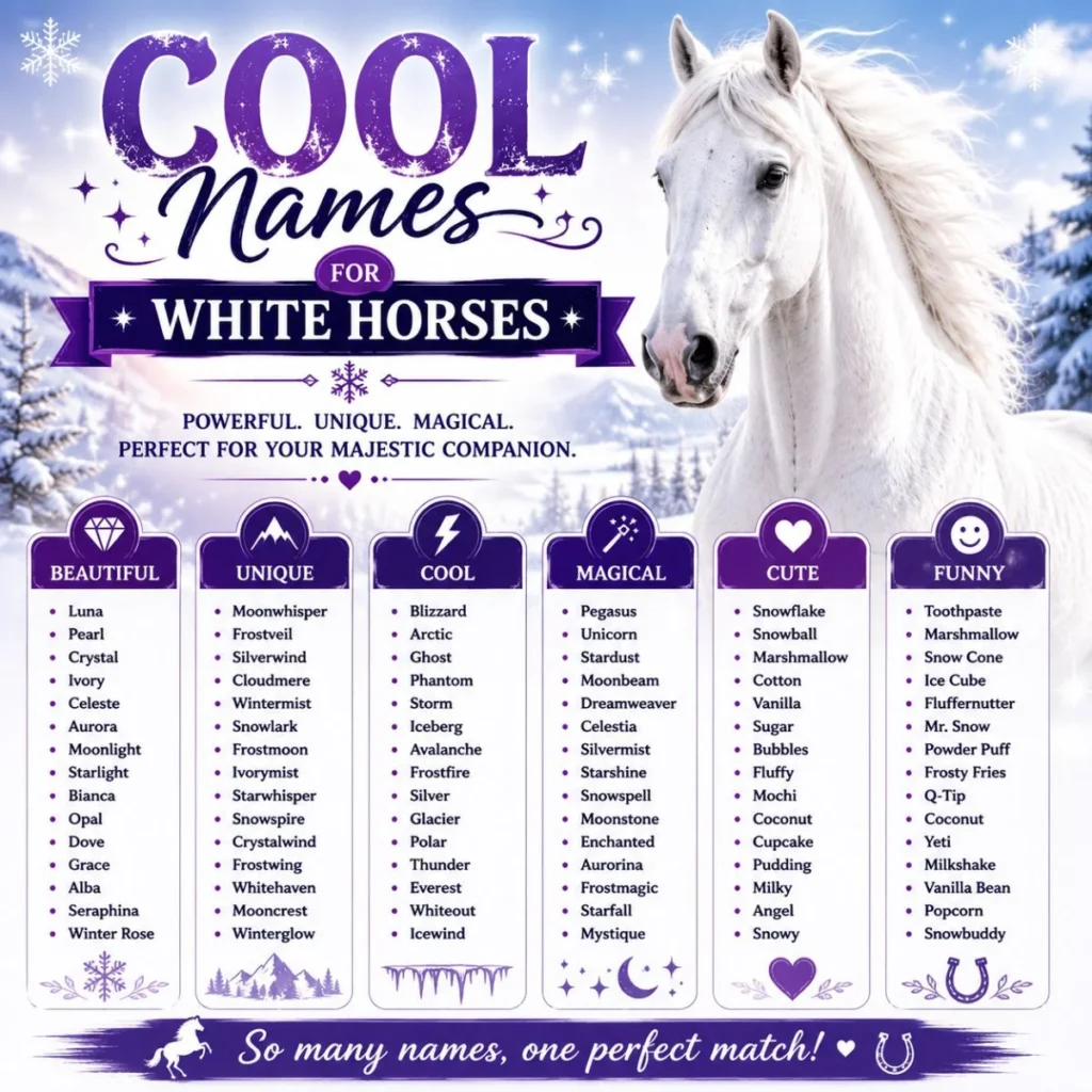 Cool names for white horses featuring powerful, unique, magical, cute, and funny name ideas